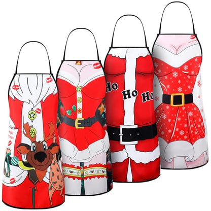 Christmas Aprons Set - 4 Reusable Holiday Kitchen Cooking Aprons for Adults