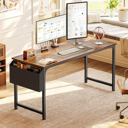 PRAISUN 55-Inch Computer Desk with Fabric Storage Bag - Rustic Brown