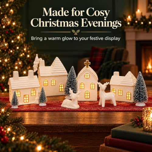 Christmas Village Set with 4 Ceramic Houses and 4 Trees - 16 Pieces