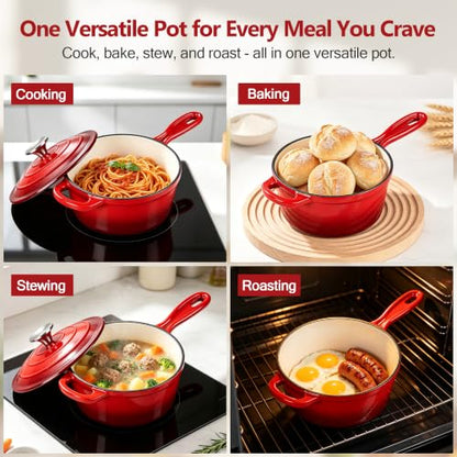 E-far 1 Quart Enamel Cast Iron Sauce Pan with Lid - Red