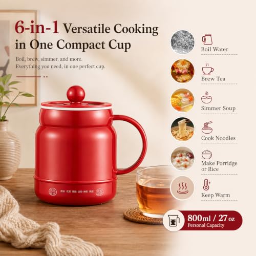Red Multi-Function Portable Electric Stewing Cup 6-in-1 Cooker 27oz