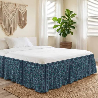 Teal Boho King Bed Skirt 18 Inch Drop Adjustable Elastic Wrap-Around Dust Ruffle