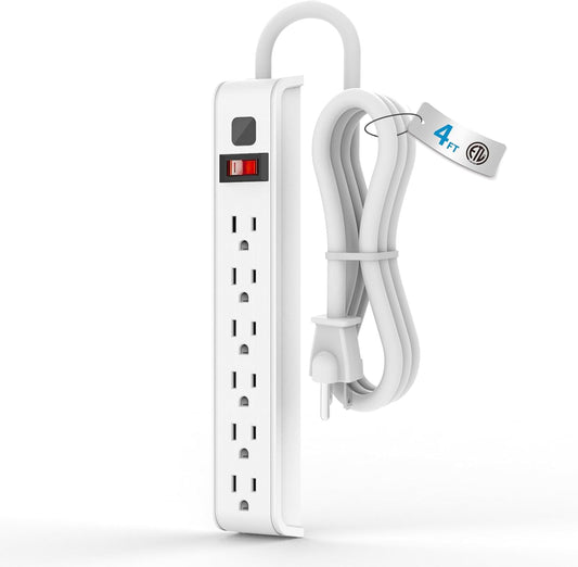 TiFFCOFiO Surge Protector Power Strip - 6 Outlets with 600 Joules Protection | 4 Feet, 15A/1875W, ETL Listed