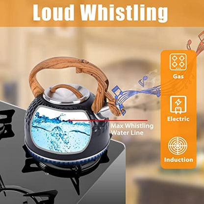 GGC 3L Loud Whistling Tea Kettle for Stove Top, Stainless Steel Kettle with Wood Pattern Handle for Boiling Water Milk or Coffee, Unique Button Control Kettle Outlet, Premium Black Kettle with a towel