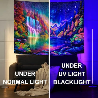 Blacklight Nature Forest Mountain Waterfall Tapestry 48x36 Inch - Purple Fluorescence