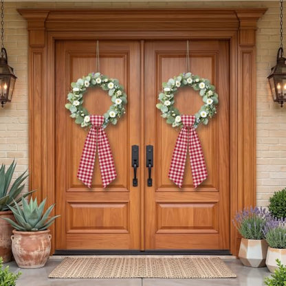 Red Gingham Fabric Sash Wraps for Front Door 2-Pack - 56 Inch Seasonal Decor