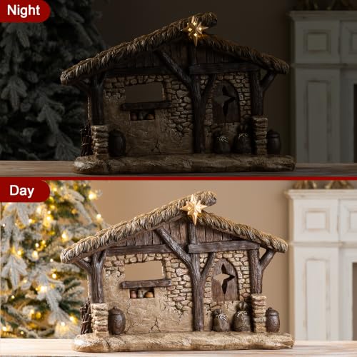 Lighted Nativity Scene Stable Creche - Hand-Painted Resin Christmas Figurines, 14.5" Height
