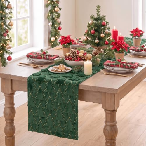13 x 108 Inch Green Plush Faux Fur Christmas Table Runner with Embroidered Edges