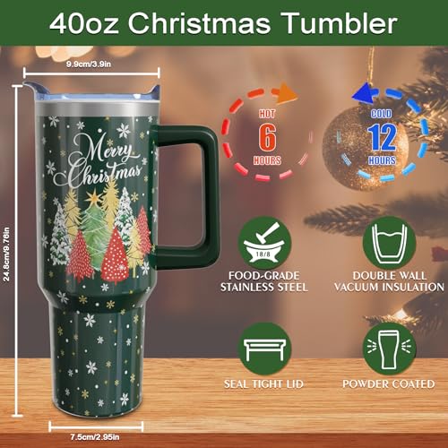 Pink Christmas Tumbler with Handle and Straw, 40oz Insulated Stainless Steel Snowman Cup - Green-Tree Variation