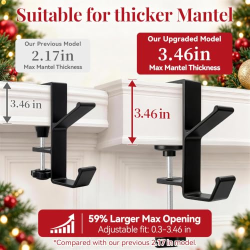 4 Pack Adjustable Stocking Holders for Mantle - XL Black, Fits 0.3-3.46 Inches