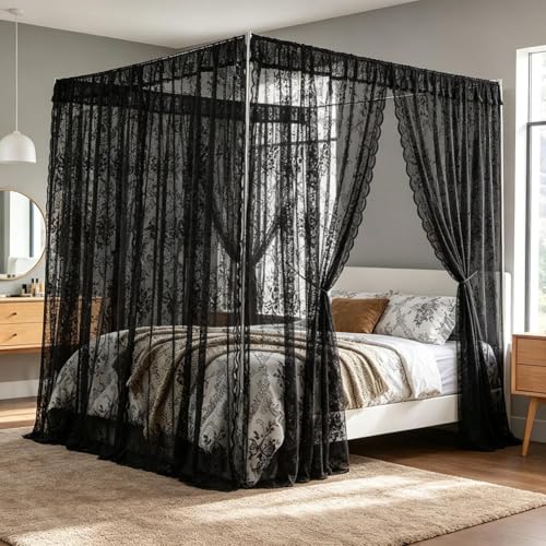 Black Lace Canopy Bed Curtains Set for Queen Bed - 39x79 Double Layer Drape with 4 Openings