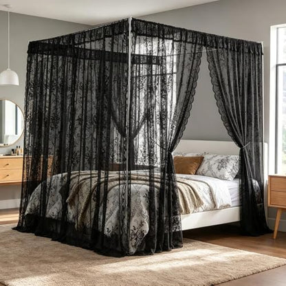 Black Lace Canopy Bed Curtains Set for Queen Bed - 39x79 Double Layer Drape with 4 Openings