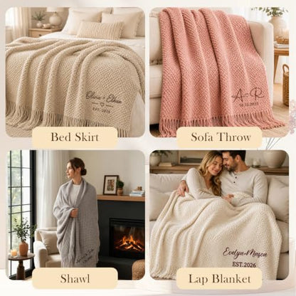 Personalized Knitted Throw Blanket with Embroidery & Tassel Edges - Wedding Gift