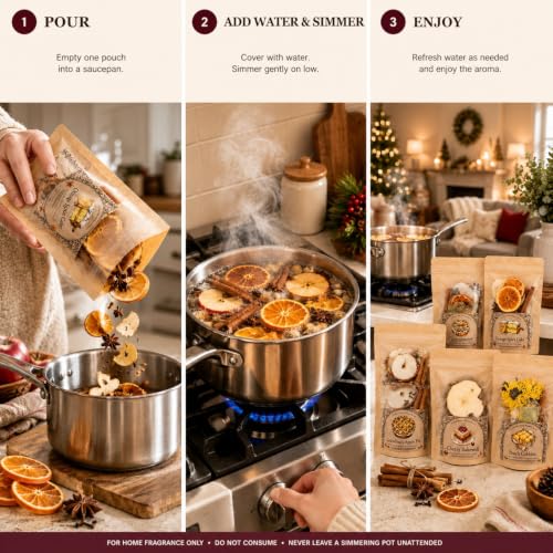 Christmas Simmer Pot Kit - 5 Pack Bakery Scented Potpourri with Dried Fruits & Spices - Cozy Home Fragrance