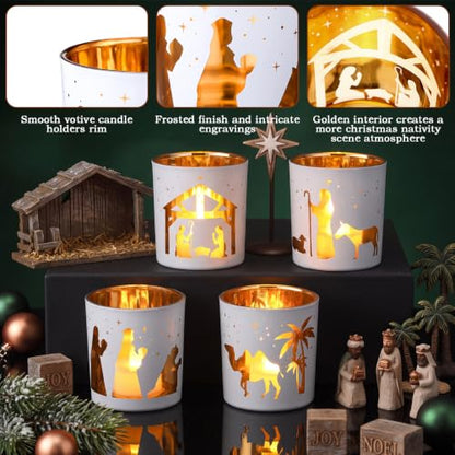 Christmas Nativity Scene Candle Holders Set - Frosted Glass Votive Holders, Religious Decor