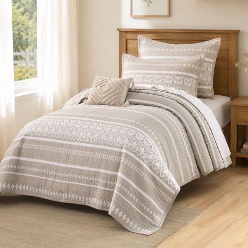 Boho Beige Twin Cotton Quilt Bedding Set 3PCS with Pillow Shams
