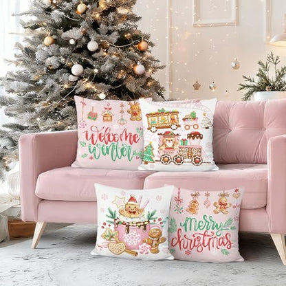Christmas Gingerbread Throw Pillow Covers Set of 4 - Holiday Velvet Decorative Pillowcases 18x18 Inches