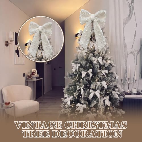 White Pearl Bow Christmas Tree Topper - Elegant Holiday Decor 11x5.7 Inches