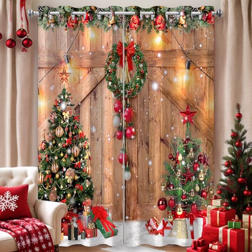 Farmhouse Christmas Blackout Window Curtains Set - Rustic Pine Tree Snowflake Decor, 52x96 Inches, 2 Panels, Variation Christmas-2