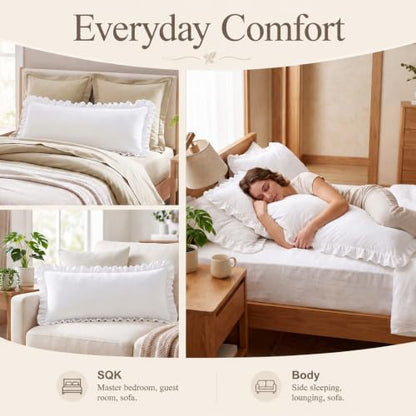 White Body Pillow Cover 20 x 54 Inches Ruffled Cotton Pillowcase - Pack of 2
