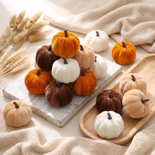 16 Pcs Fall Velvet Pumpkin Decor Assorted Mini Artificial Pumpkins for Autumn Harvest Thanksgiving