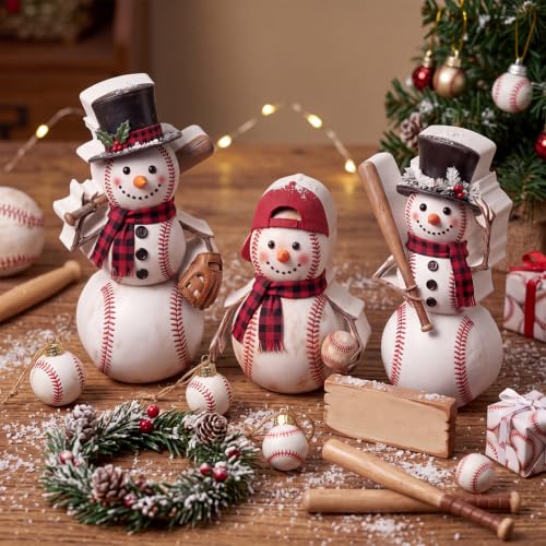 3 Pcs Baseball Snowman Christmas Figurines - Farmhouse Holiday Decor