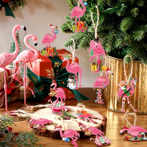 Christmas Wooden Ornaments Flamingo Set - 36 Pieces Holiday Tree Decorations