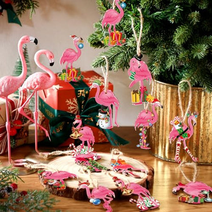 Christmas Wooden Ornaments Flamingo Set - 36 Pieces Holiday Tree Decorations