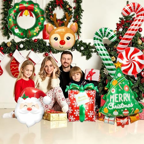 8Pcs Christmas Foil Balloons Set Reindeer Tree Santa Gift Wreath Candy Canes Indoor Holiday Decor