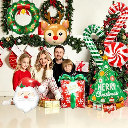 8Pcs Christmas Foil Balloons Set Reindeer Tree Santa Gift Wreath Candy Canes Indoor Holiday Decor
