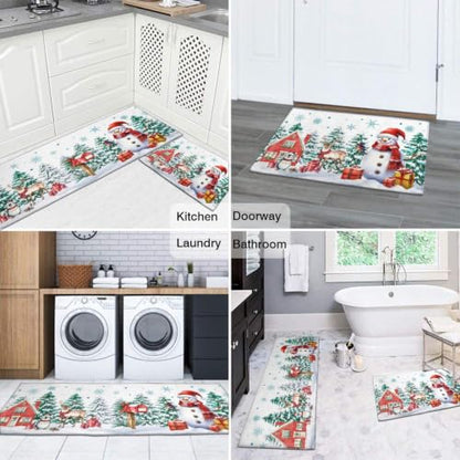 White Green Christmas Kitchen Rugs Set 17x47 & 17x30 Inches Snowman Tree Decor