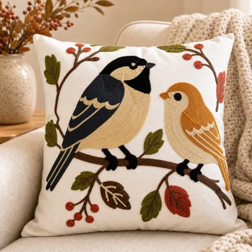 Botanical Birds Embroidered Throw Pillow Cover 18x18 Inches - Pack of 1