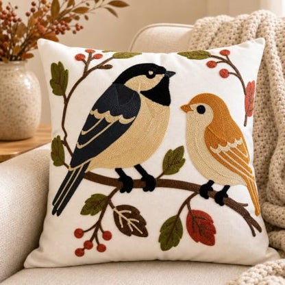 Botanical Birds Embroidered Throw Pillow Cover 18x18 Inches - Pack of 1