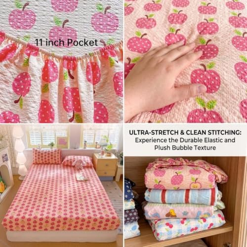 Queen Fitted Sheet - Brown Floral Bubble Wrinkle Soft Bedding with Secure Fit Elastic
