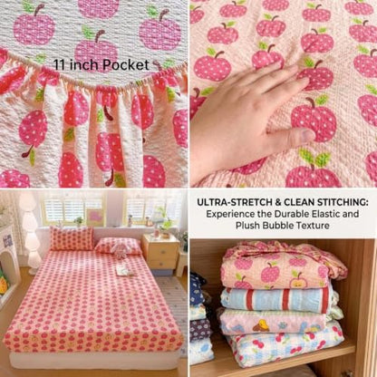 Queen Fitted Sheet - Brown Floral Bubble Wrinkle Soft Bedding with Secure Fit Elastic