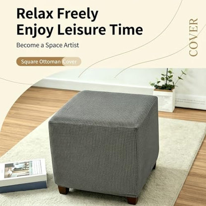 Navy Blue Stretch Jacquard Square Ottoman Cover - Washable Slipcover for 13-18 Inch Cube Footstools