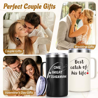 His and Hers 20oz Coffee Mug Set with Keychain & Card - Black & Cream, Couples Gift