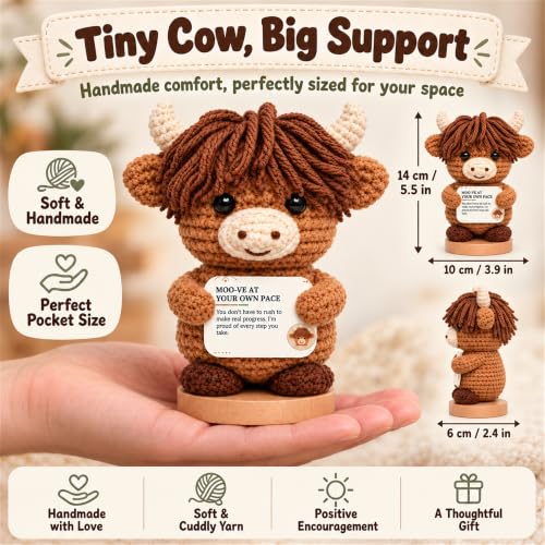 Positive Highland Cow Crochet Support Animal with Wooden Base - Inspirational Desk Decor - Cow