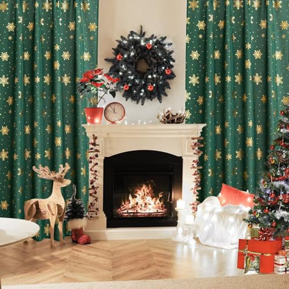Christmas Curtains for Living Room 2 Pack Foliage Green & Gold Snowflake Foil Print 52W x 84L