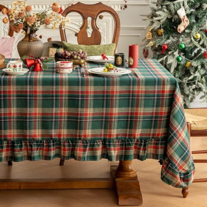 Christmas Plaid Ruffled Tablecloth - Red Green 102 x 60 Inch Rectangle