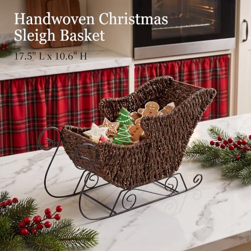 Brown Santa's Sleigh Wicker Basket Christmas Decor Handwoven Holiday Storage