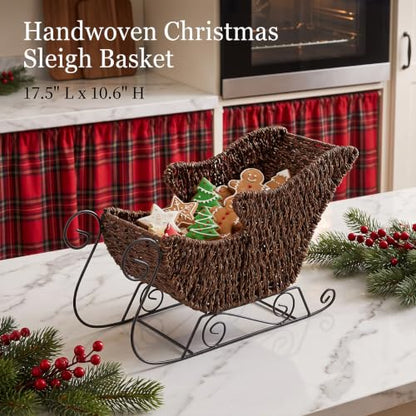 Brown Santa's Sleigh Wicker Basket Christmas Decor Handwoven Holiday Storage