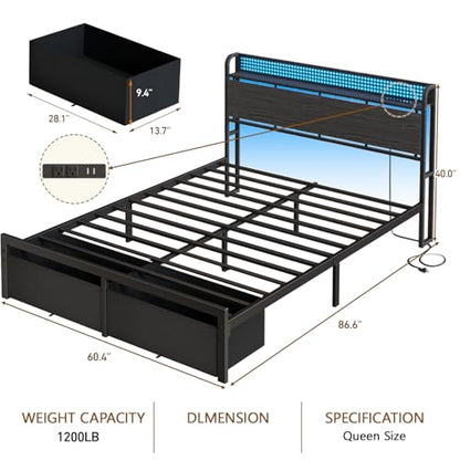 Queen Bed Frame with Storage Headboard, Charging Station & RGB Lights - Rustic Grey