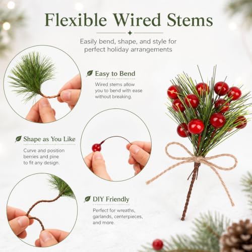 Holly Berry Stems - 96 Artificial Christmas Greenery Picks for Crafts