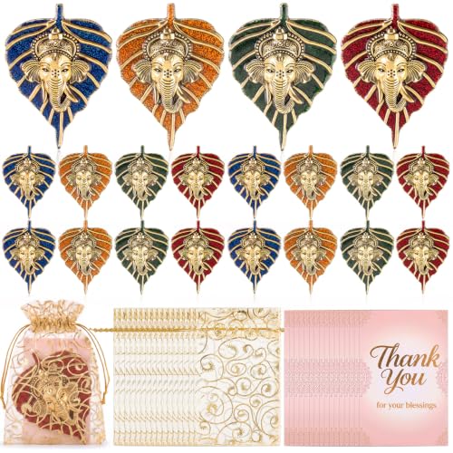 Metal Leaf Ganesha Figurines Bulk Gift Set with Thank You Cards - 4 Colors, 16 Pack
