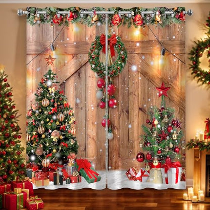 Farmhouse Christmas Blackout Window Curtains Set - Rustic Pine Tree Snowflake Decor, 52x96 Inches, 2 Panels, Variation Christmas-2