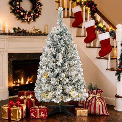 Okicoler 4ft Pre-Lit Flocked Artificial Christmas Tree with 80 LED Lights, 11 Modes, White Snow Finish