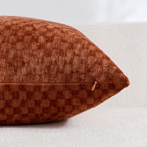 Burnt Orange Chenille Check Throw Pillow Covers Set of 2 20x20 Inch for Farmhouse & Boho Decor