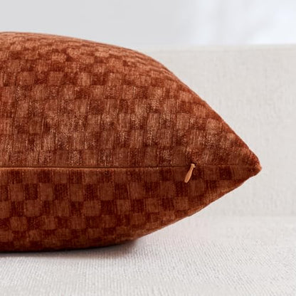 Burnt Orange Chenille Check Throw Pillow Covers Set of 2 20x20 Inch for Farmhouse & Boho Decor