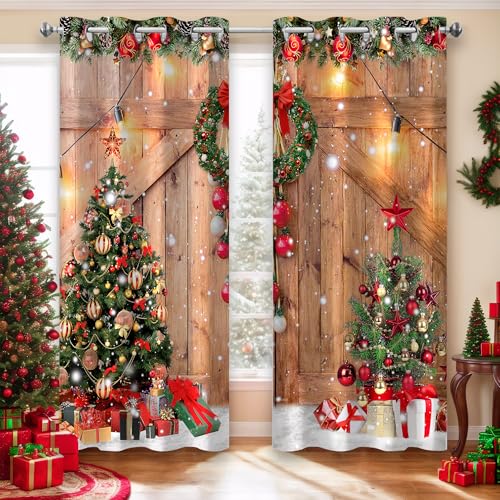 Farmhouse Christmas Blackout Window Curtains Set - Rustic Pine Tree Snowflake Decor, 52x96 Inches, 2 Panels, Variation Christmas-2